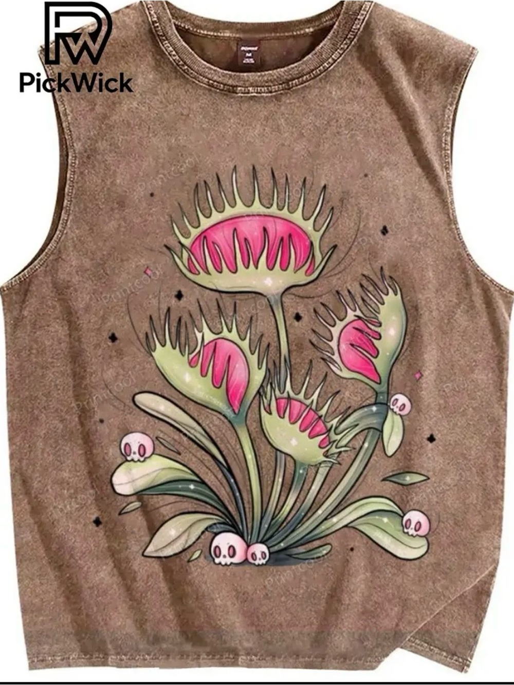 Venus flytrap Brown Sleeveless Top with Pink & Green Graphic